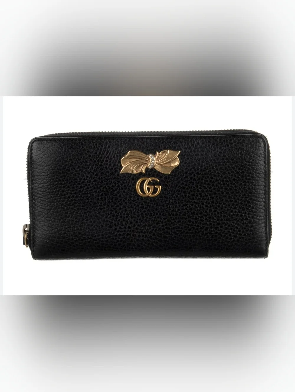 Gucci Maront Bow Black Leather Zipper Around Wallet - Picture 2 of 9
